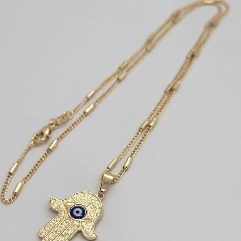 Brand New Brazilian 18k Gold Filled Hamsa with blue evil eye Necklace - Picture 2 of 6